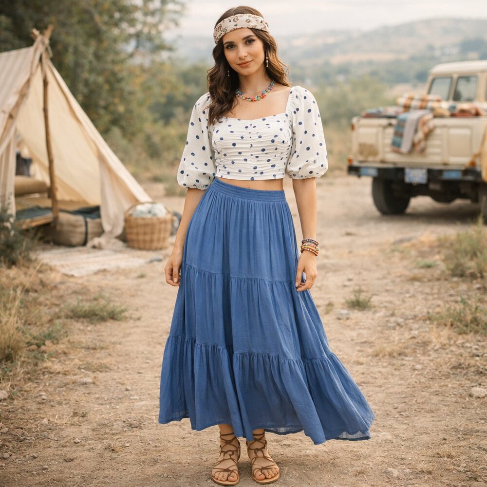 Wilfred Lolita Cream Blue Polka Dot Cropped Peasant Blouse Boho XS - Picture 2 of 9